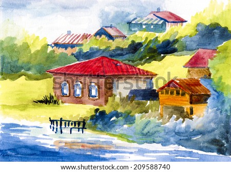 Vintage village house near the water watercolor on paper illustration painting hand drawn artwork