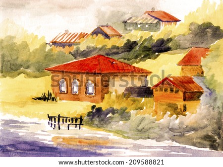  Vintage house near the water watercolor on paper illustration painting hand drawn artwork
