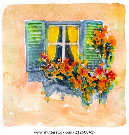 Beautiful window in flowers blooming poster painting watercolor oil illustration hand drawn artwork