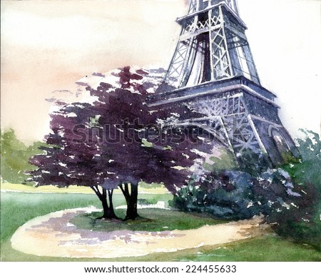  Beautiful Paris view with Eiffel tower french landscape watercolor painting poster hand drawn artwork background colored oil acrylic art canvas illustration