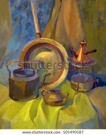 Beautiful still life with realistic metal things oil painting canvas poster