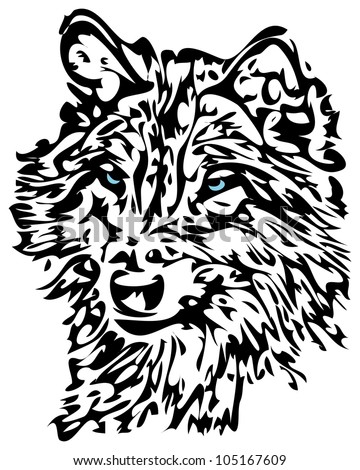 Tribal wolf with blue eyes animal tattoo design - Stock Image - Everypixel