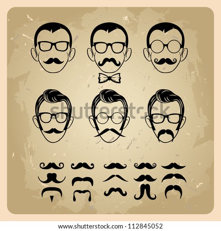 Faces with Mustaches, sunglasses,eyeglasses and a bow tie - vector illustration