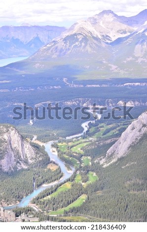 Landscape view of Rocky Mountains and Bow river valley in Banff National park. Alberta, Canada