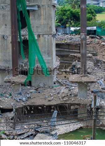 Demolition of the building. Photo reviews foundation of building after walls were destroyed