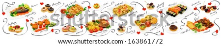 Mix of different meals and desserts. Panorama on a white background.