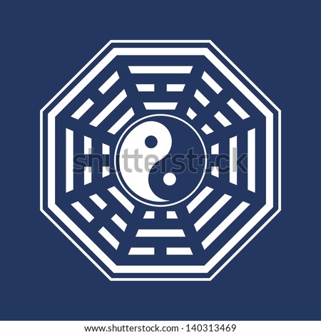 Bagua, Yin Yang, Chinese symbol, I Ching trigrams, vector, isolated, blue background