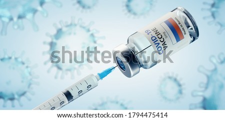 Russian COVID-19 Coronavirus Vaccine and Syringe Concept Image. 3d illustration.
