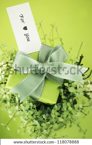 High angle view of green box with message