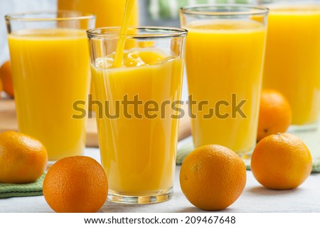 Five glasses of freshly squeezed orange juice.