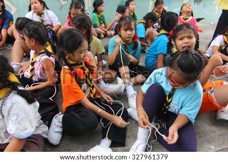 BANGKOK, THAILAND - Oct 5, 2015 : Student 9-10 years old, Scout learn usage rope, Scout Camp in Pieamsuwan school Bangkok Thailand.