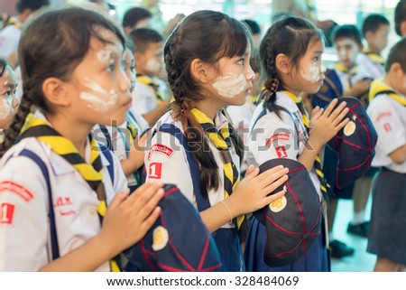 BANGKOK, THAILAND - Oct 5, 2015 : Student 9-10 years old, Welcome to Boy Scout camp in Pieamsuwan school Bangkok Thailand.