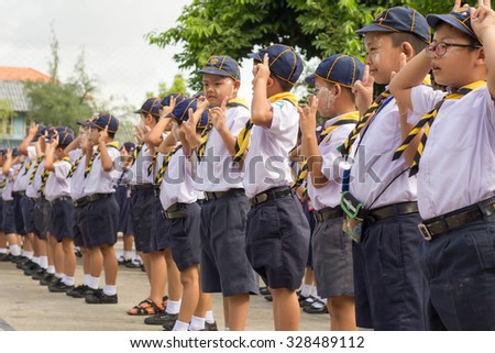 BANGKOK, THAILAND - Oct 5, 2015 : Student 7-8 years old, Boy Scout camp in Pieamsuwan school Bangkok Thailand.