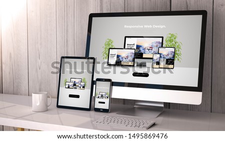 Digital generated devices on desktop, responsive cool website design on screen. All screen graphics are made up. 3d rendering.