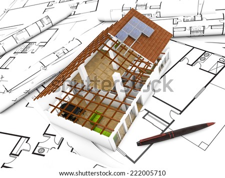3d render of an architecture model over plots and technical draws