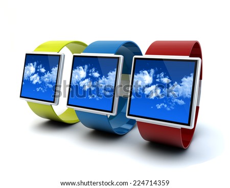 modern mobile wearable device concept: collection of color digital smart watches with sky on the screen isolated on white background