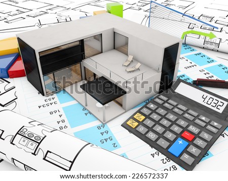 real estate finances concept with modular house, graphics and calculator
