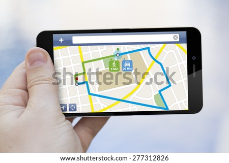 Route planning concept: 3d generated smartphone with map navigator app on the screen