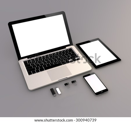 Responsive mock-up: Open laptop with digital tablet and white smartphone.