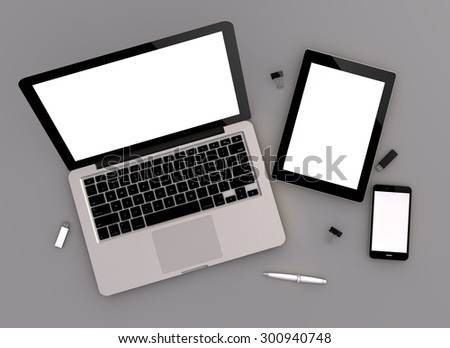 3d render of mock-up with laptop computer, tablet pc and touchscreen smartphone. Zenith view.