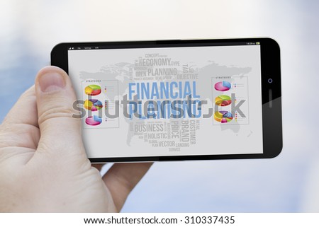 communications and marketing concept: hand holding a finances planning app 3d generated smartphone. Screen graphics are made up.