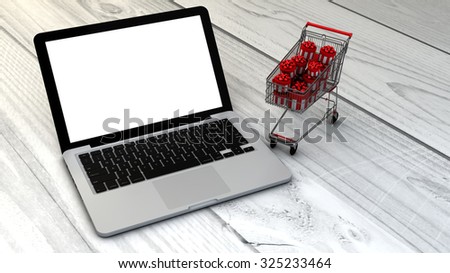 e-commerce concept: Digital generated laptop with shopping cart full of christmas or gift boxes over wooden desk with blank screen for copy