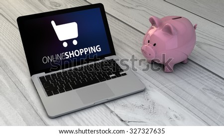 online shopping and save money concept: piggybank and shop online site laptop over wooden desk. All screen graphics are made up