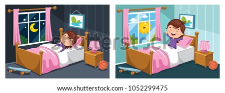 Vector Illustration Of Kid Sleeping And Waking Up