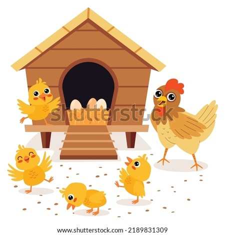 Cartoon Illustration Of Chicken And Chicks