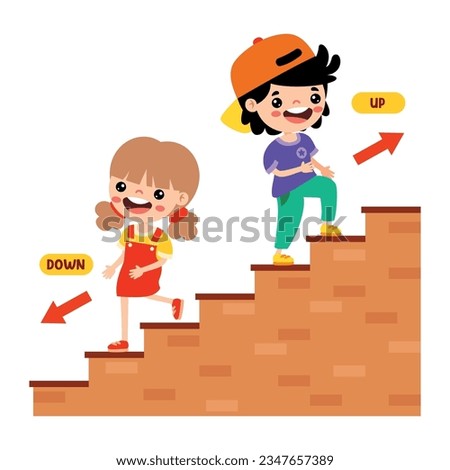Cartoon Kids Walking Up And Down On Stairs