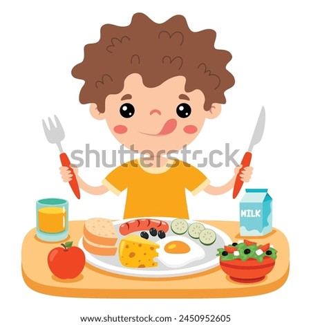 Cute Cartoon Kid Having Breakfast