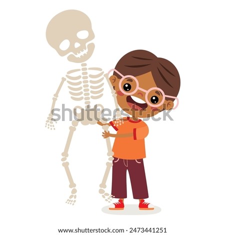 Cartoon Kid Holding Human Skeleton