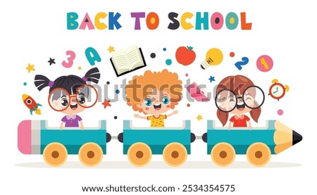 Cartoon Kids Riding Pencil Train