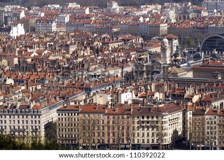 A bird\'s eye view of the French city of Lyon with the city hall on place des Terreaux.