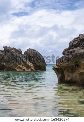 Bermuda Beach. Tobacco Bay area Bermuda. Columns of limestone rocks