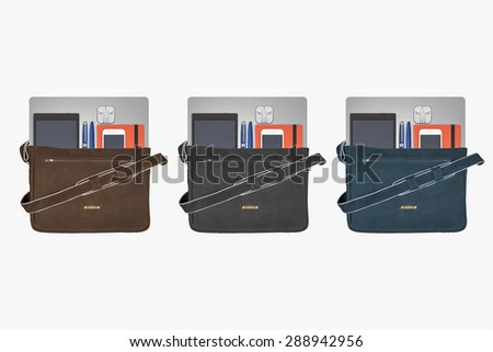 Laptop, Digital Tablet, Smart Phone, Notebook, Pen and Earphones inside Lather Bag