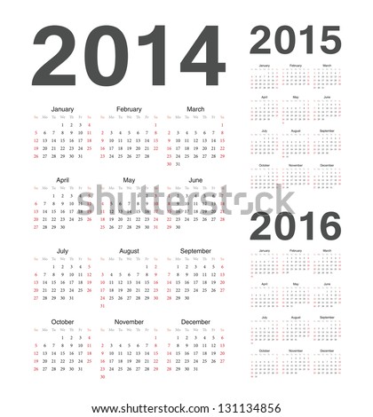 Simple european 2014, 2015, 2016 year vector calendars