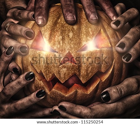 evil pumpkin with glowing eyes that are holding, closeup