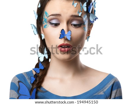 girl art make-up blue butterflies a butterfly on her nose