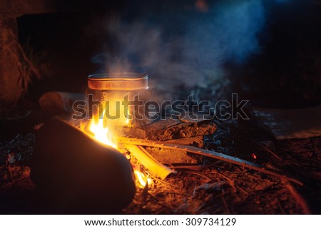 food is cooked in a pot over a campfire at night