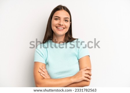 Similar – Image, Stock Photo Portrait of young pretty yoga girl with short curly hair in sportswear. Calm and peace on her face. Slight smile. Film toned filter.