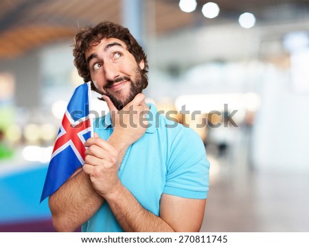 crazy man with flag. airport background
