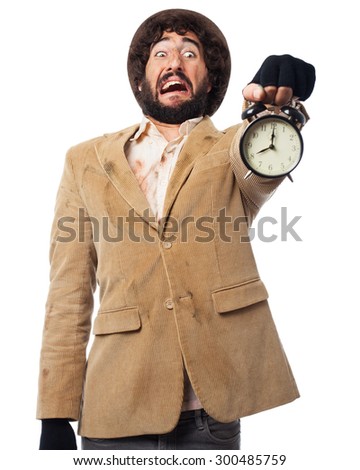 scared homeless man with clock
