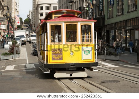 SAN FRANCISCO - CIRCA FEBRUARY 2015: Cable car trolley running on street