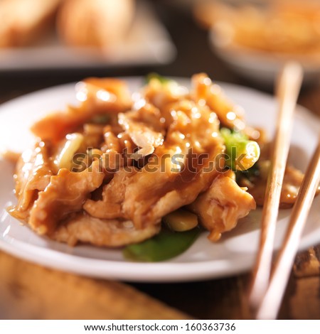 chinese food - stir fry chicken with vegetables close up