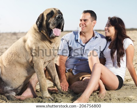 couple and pet dog enjoying time together on the beach.