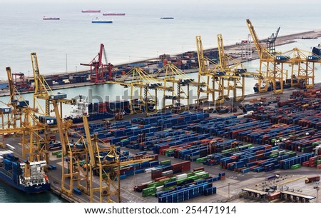 Barcelona, Spain - January 27, 2015: Port of Barcelona - logistics port area in Barcelona, Spain. Has more than 3,000 metres of berthing line, 17 container cranes
