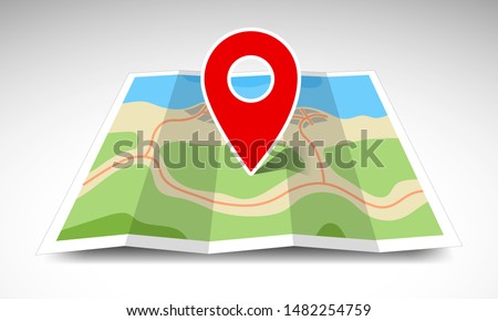 abstract folding map and map pointer, isometric, towns and lake or sea, vector illustration 