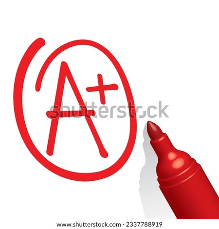 A plus grade paper, red pen, vector illustration 