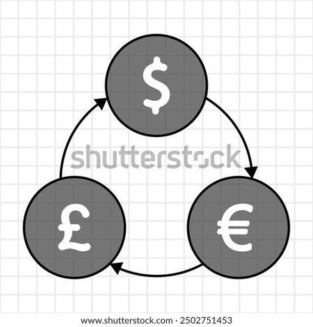 dollar, pound, euro graph or diagram with three circles conected with arrows, vector illustration 